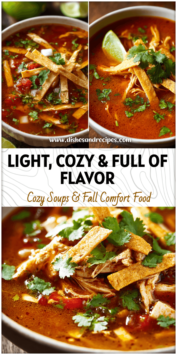 Bowl of lightened Chicken Tortilla Soup topped with crispy tortilla strips and fresh cilantro for a cozy Quick Family Dinner.